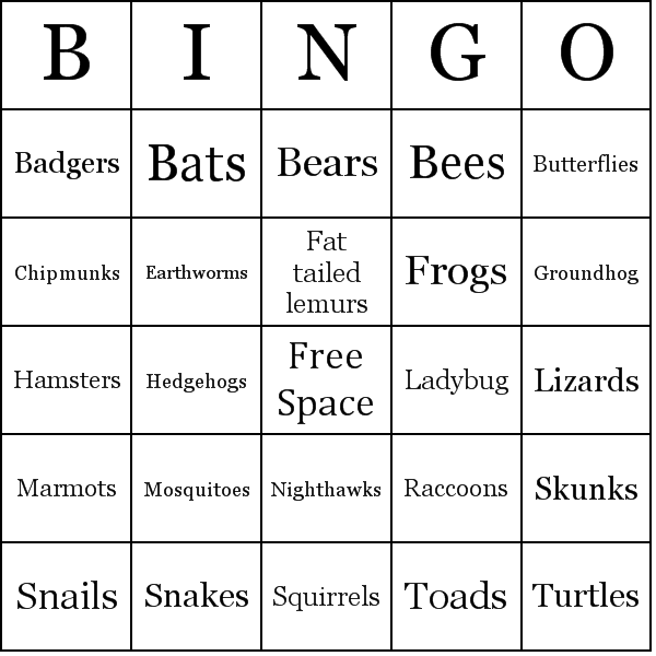 Animals that Hibernate Bingo Cards