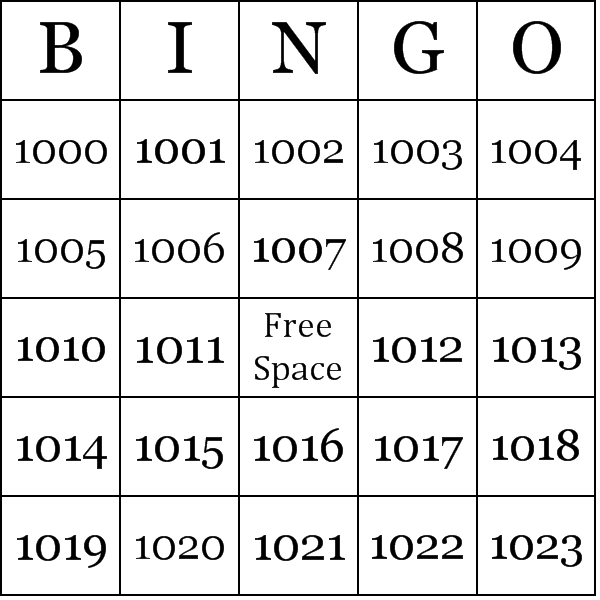 Numbers 1000 1100 Bingo Cards