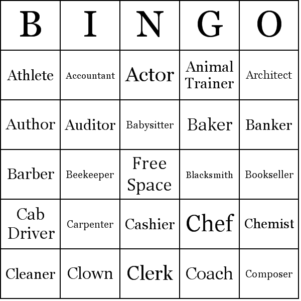 CMOP-E Person & Occupation Bingo Card