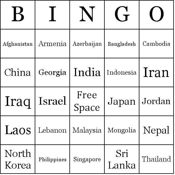 countries in asia. These Countries in Asia bingo