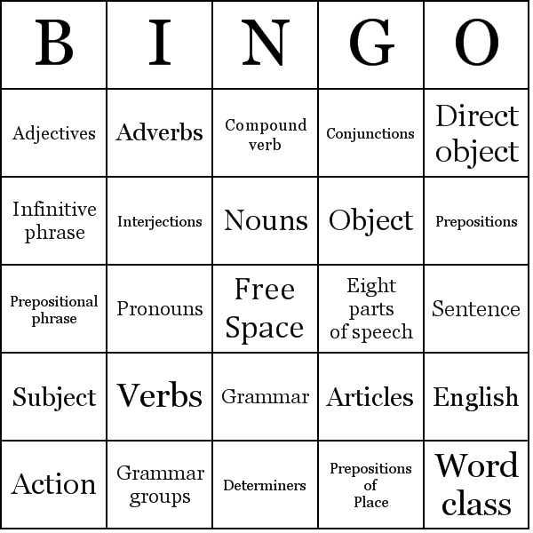 Part Of Speech Bingo Cards