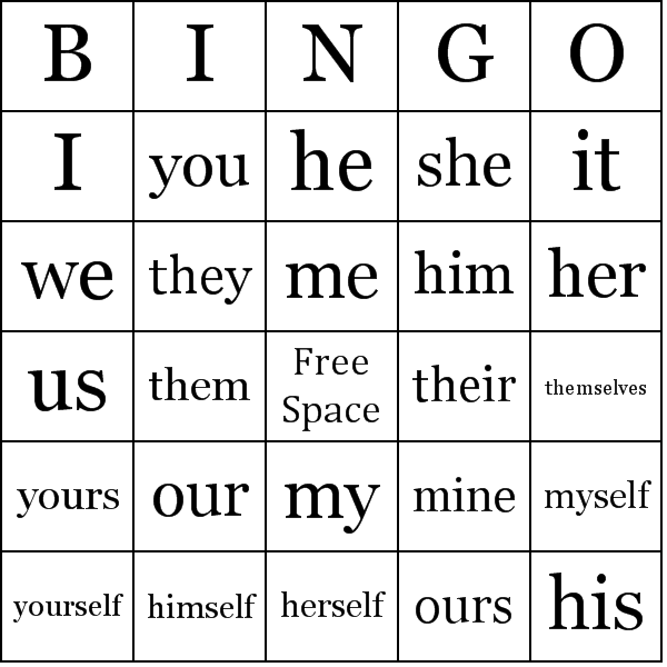 Noun, Pronoun, & Verb Tense Bingo Card