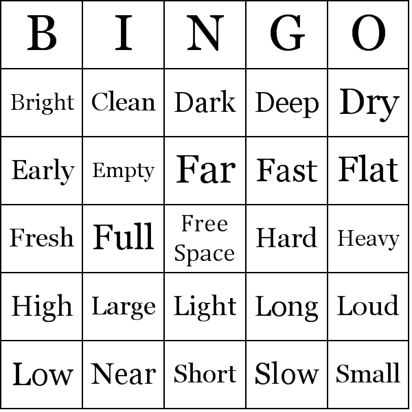 Simple Adjectives Bingo Cards