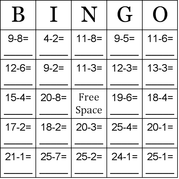 Subtraction Using Numbers Between 0 25 Bingo Cards