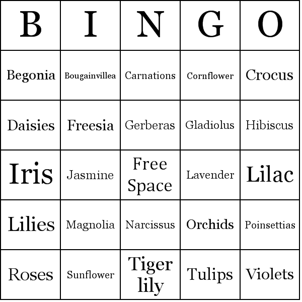 Type Of Flowers Bingo Cards