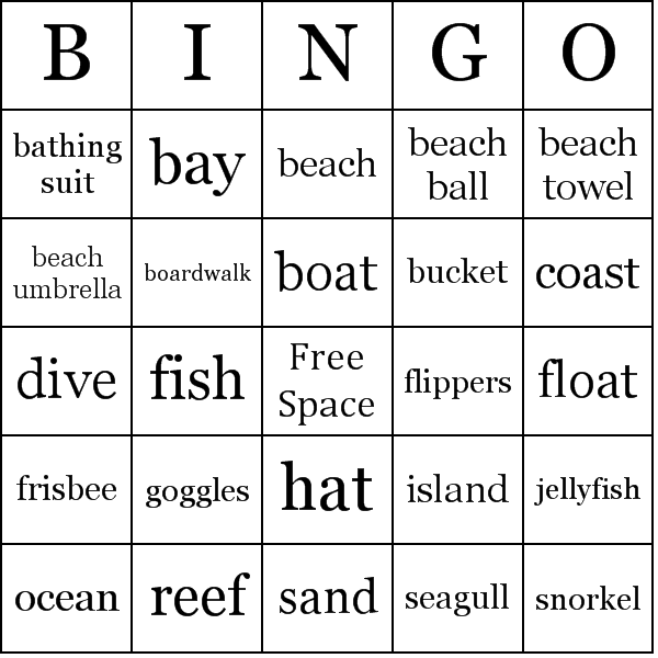 vocab bingo cards