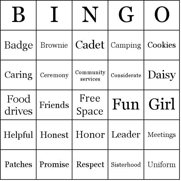 Girl Scouts Bingo Cards