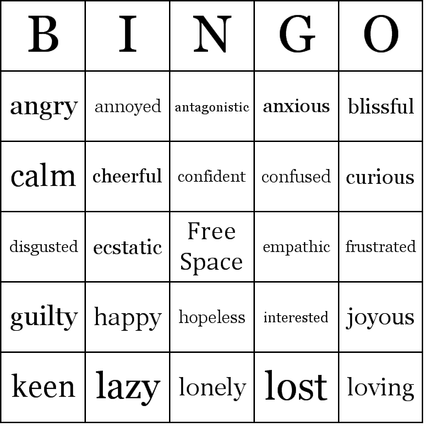 for Word   middle worksheets Bingo  List Cards and geography Feelings school free printable Emotions