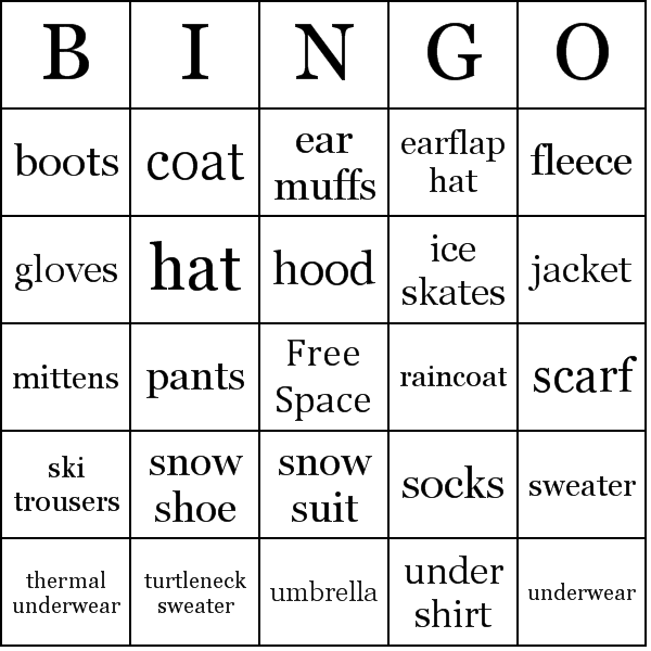 Winter Clothes Bingo Cards