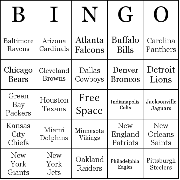 Nfl Teams Bingo Cards