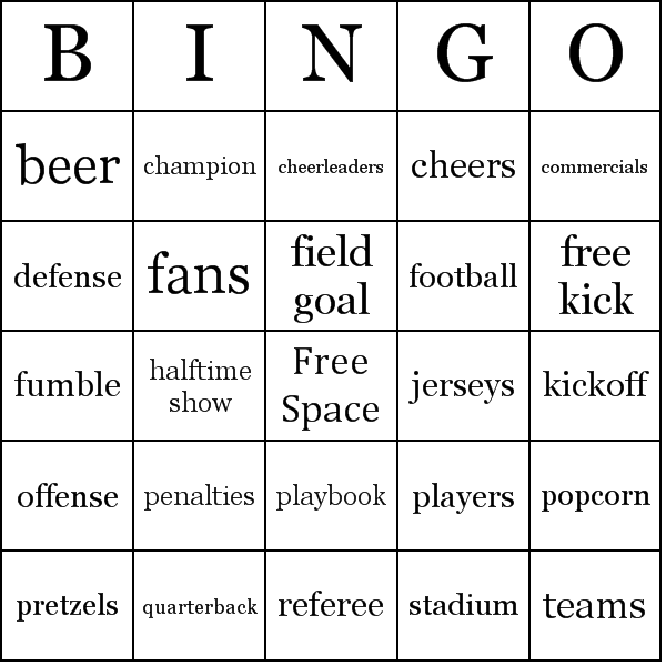 Free Football Bingo - Super Bowl Bingo Game Printable