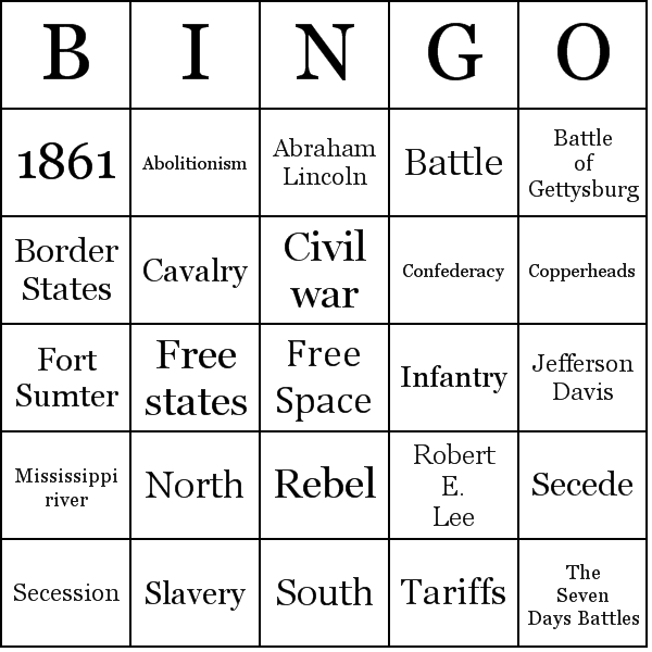 American Civil War Bingo Card Preview