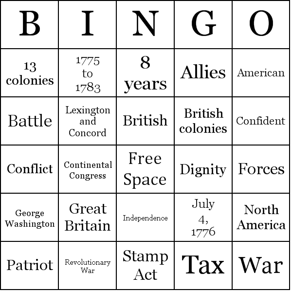 American Revolutionary War Bingo Card Preview