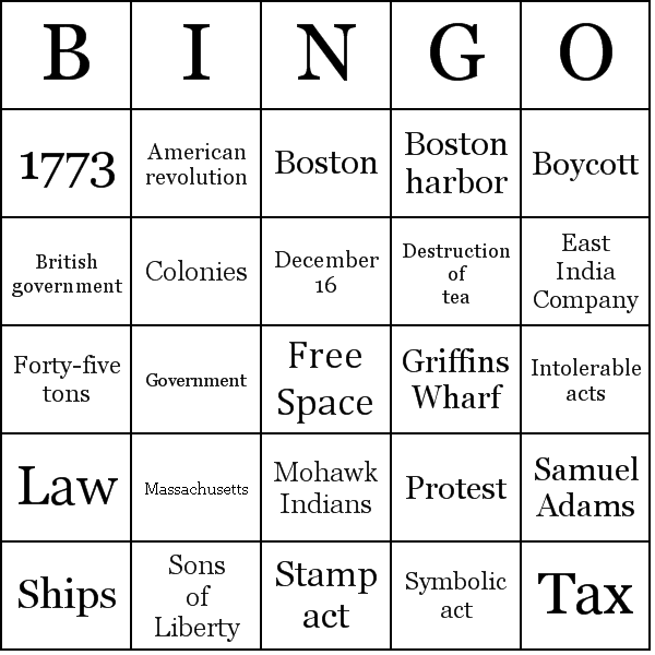 Boston Tea Party Bingo Card Preview
