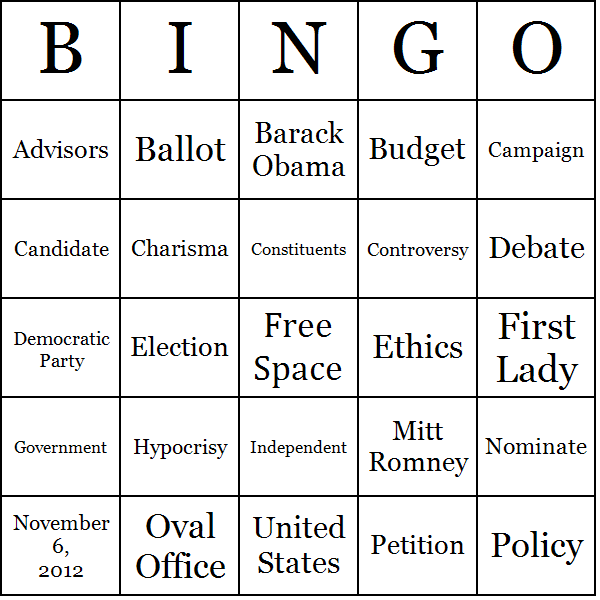 Presidential Election 2012 Bingo Card Preview