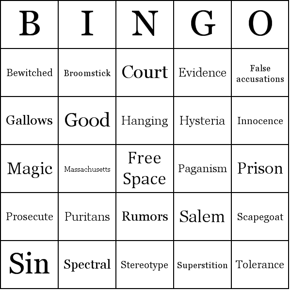 Salem Witch Trials Bingo Card Preview