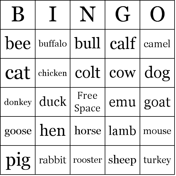 Farm Animals Bingo Card Preview