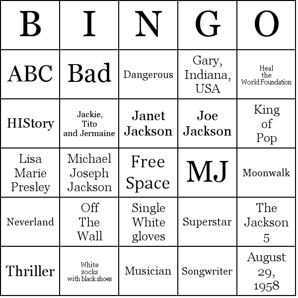 Michael Jackson Bingo Card Preview