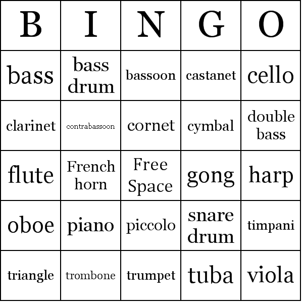 Orchestra Instruments Bingo Card Preview