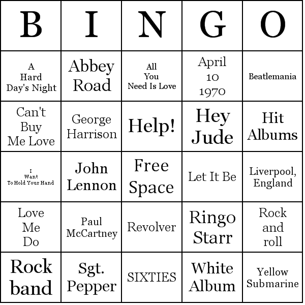 The Beatles Bingo Card Preview