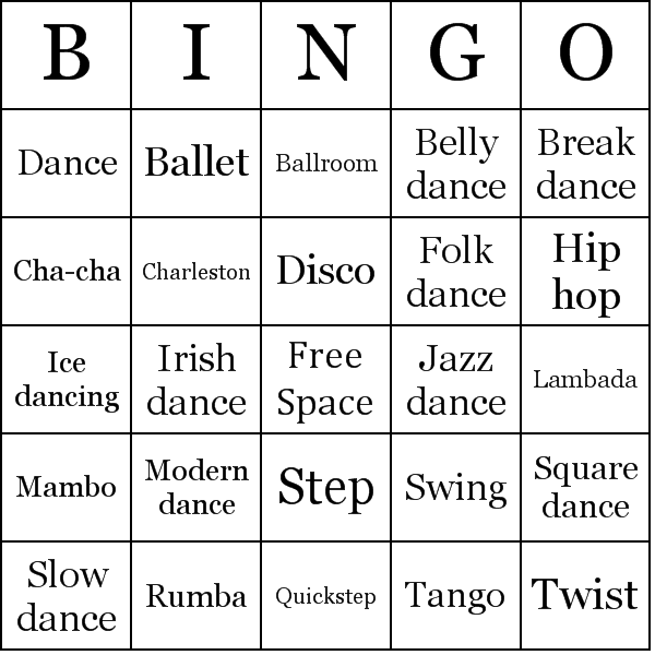 Types of Dances Bingo Card Preview