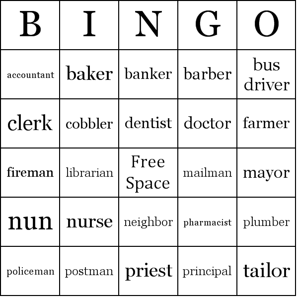 Community Helpers Bingo Card Preview