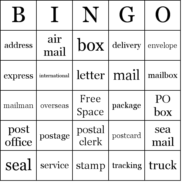 Post Office Bingo Card Preview