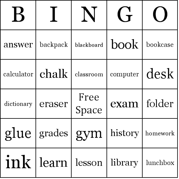 School Related Words Bingo Card Preview