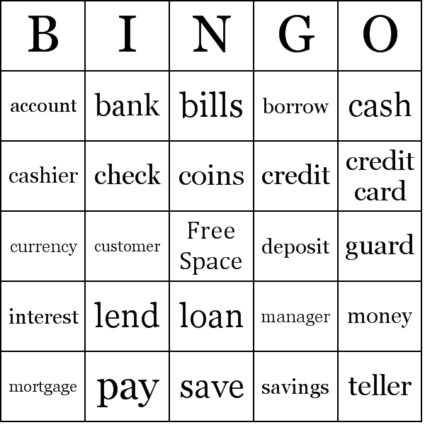 Bank Bingo Card Preview