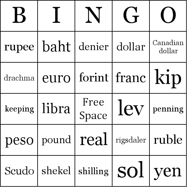 Currency Bingo Card Preview