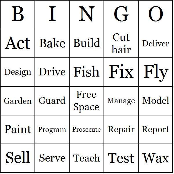 Job Actions Bingo Card Preview