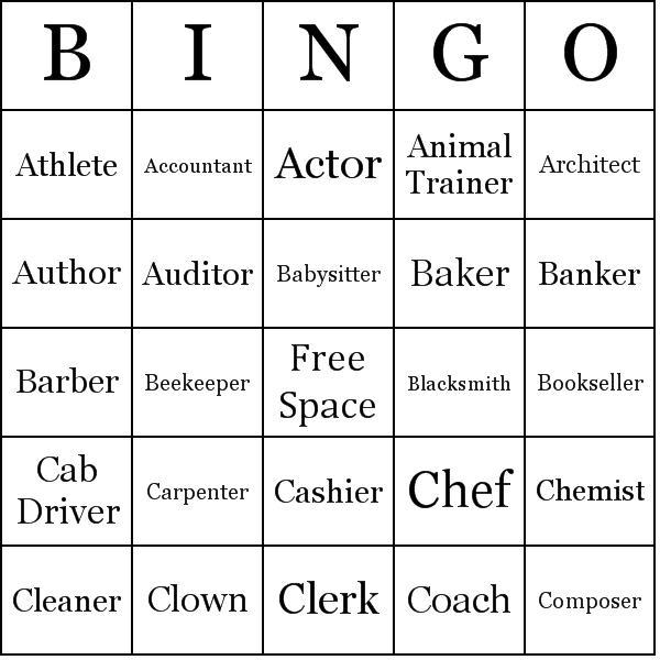 Occupations Bingo Card Preview