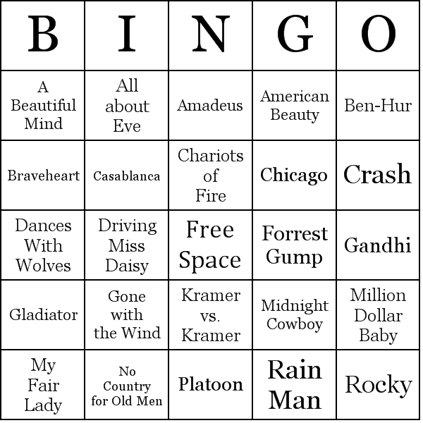 Academy Awards Best Picture Bingo Card Preview