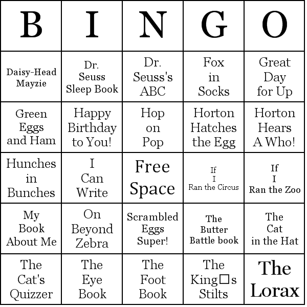Dr. Seuss Books Bingo Card Preview