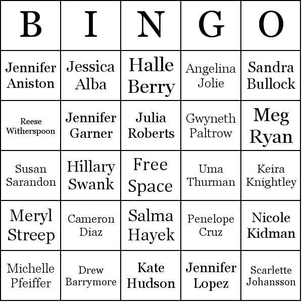 Famous Movie Stars Bingo Card Preview