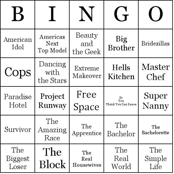Reality Tv Shows Bingo Card Preview
