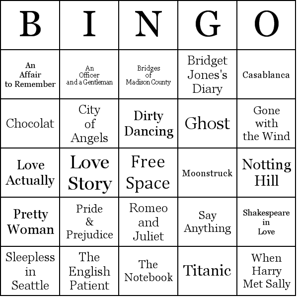 Romantic Movies Bingo Card Preview
