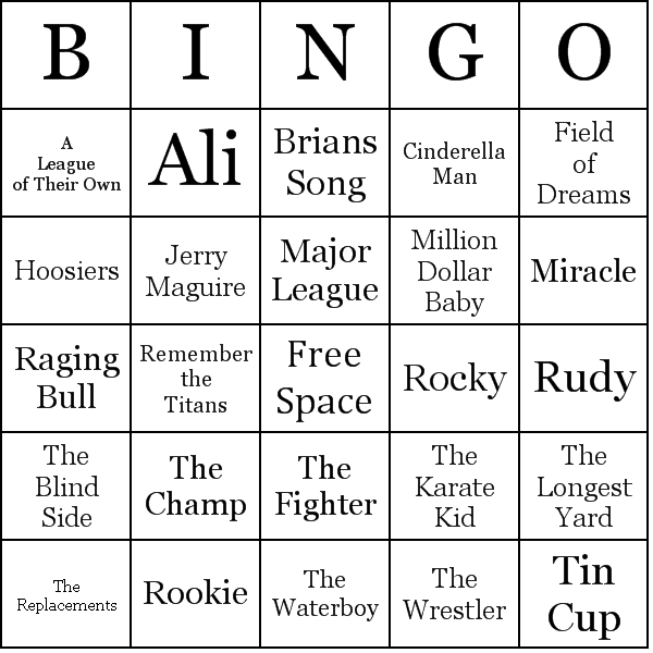 Sport Films Bingo Card Preview