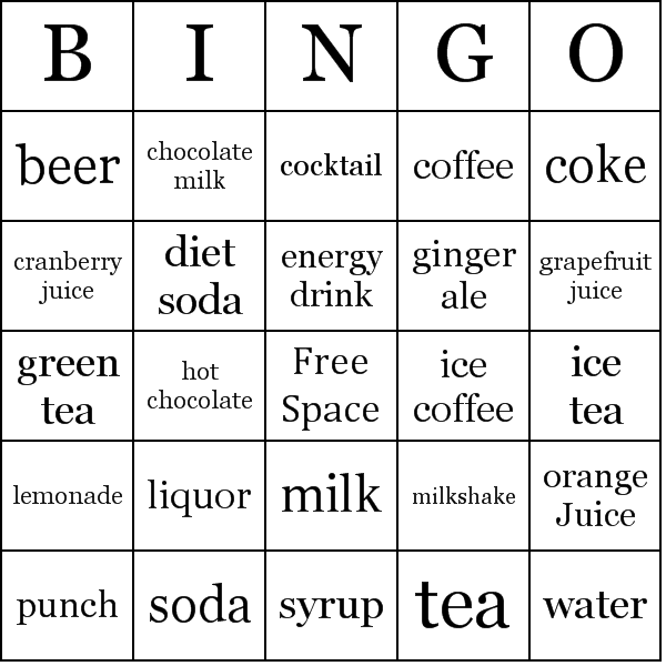 Beverages Bingo Card Preview
