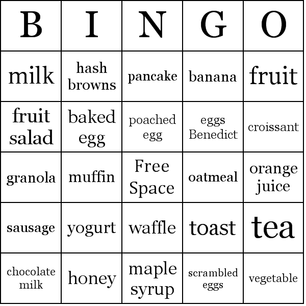Breakfast Foods Bingo Card Preview
