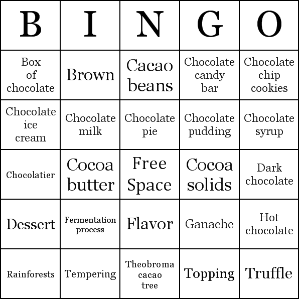 Chocolate Bingo Card Preview
