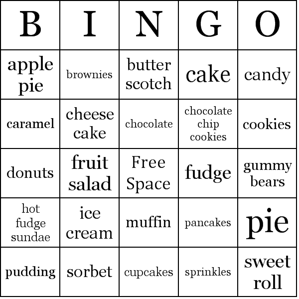 Desserts Bingo Card Preview