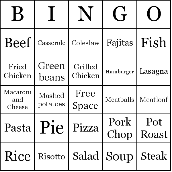 Dinner Dishes Bingo Card Preview