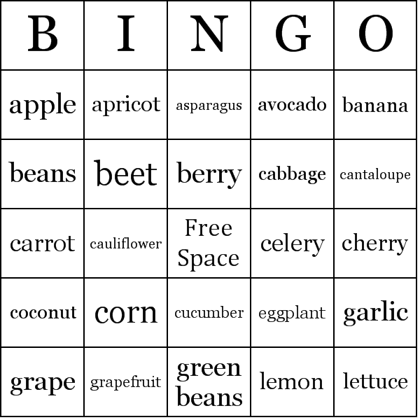 Fruit & Vegetables Bingo Card Preview