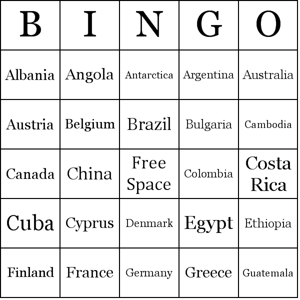Countries Bingo Card Preview