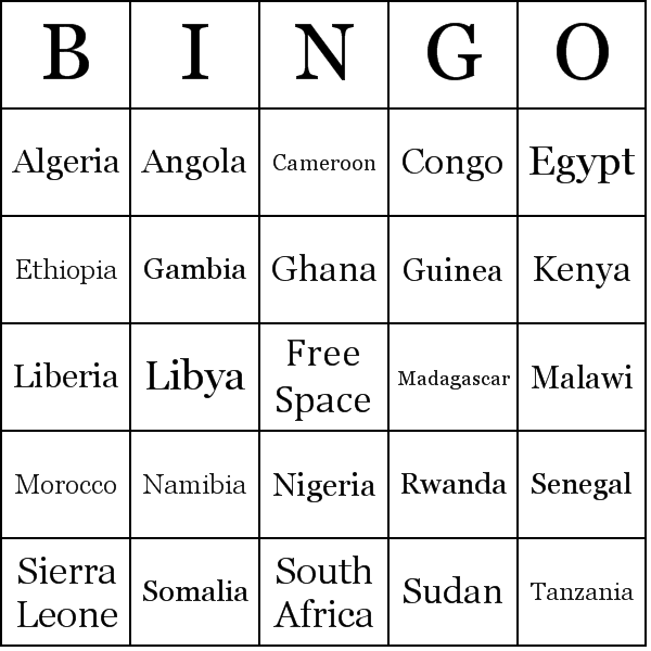 Countries in Africa Bingo Card Preview
