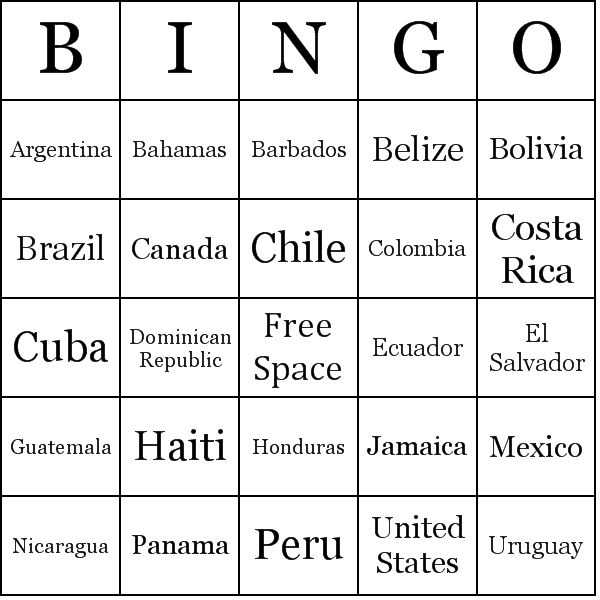 Countries in America Bingo Card Preview