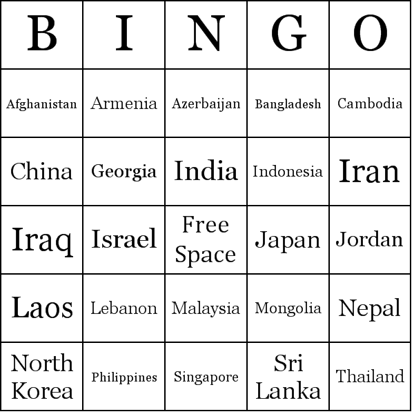 Countries in Asia Bingo Card Preview
