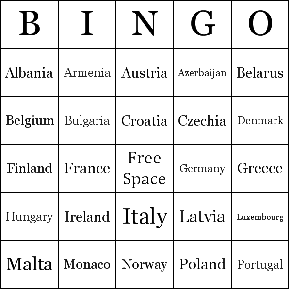 Countries in Europe Bingo Card Preview