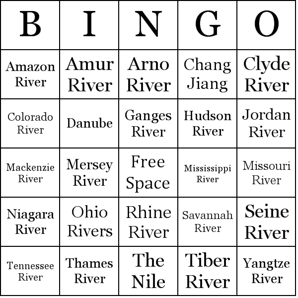 Famous Rivers Bingo Card Preview